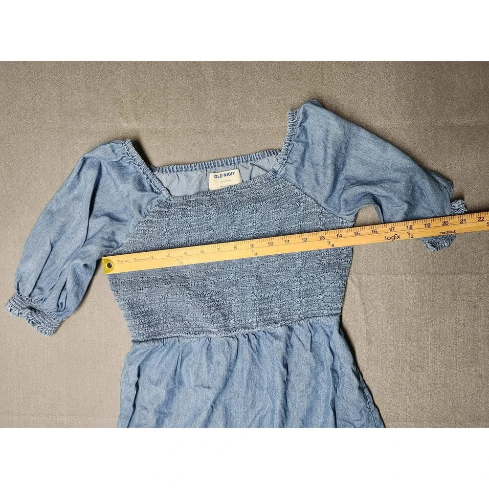 Old Navy Girls Blue Smocked Denim Look Fit & Flare Dress XL 14-16 Light Wash